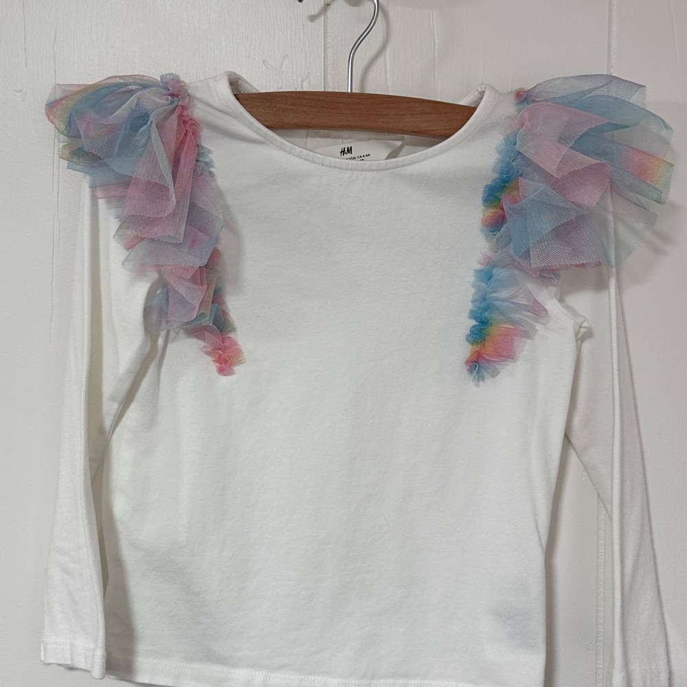 H&M Kids White Tee with Colorful Ruffle Sleeves